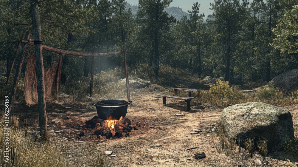 Forest Campsite with Cooking Pot and Bench Forest Campsite with Cooking Pot and Bench