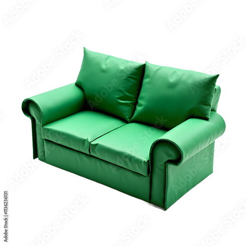 Angled view of a green color origami sofa flower isolated on a white transparent background. photo