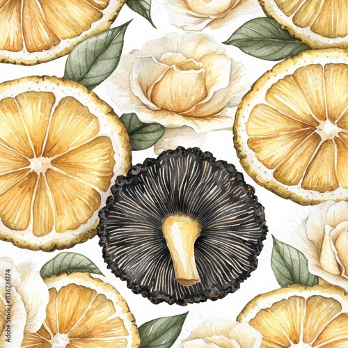 Black Perigord and White Truffles, seamless pattern design, hand painted watercolor illustration , isolated on white background,  , copy space, copy space for text,