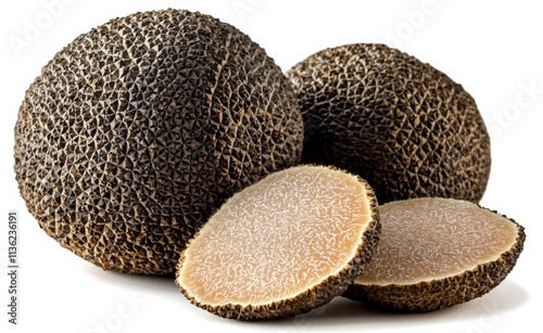 Black edible winter truffle and truffle slices on white background. The most famous of the truffles. , isolated on white background,  , copy space, copy space for text, photo