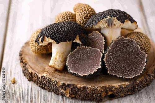 Black truffles  mushrooms on rustic wooden table with free text space . Selective focus. , isolated on white background,  , copy space, copy space for text,