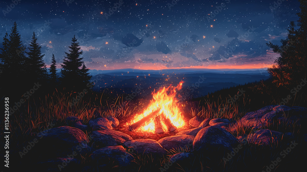 Serene Evening by Fire A Tranquil Campfire Surrounded by Lush Forest; Perfect for Nature Lovers, Outdoor Adventures, and Cozy Gatherings in a Picturesque Setting at Dusk Serene Evening by Fire A Tranquil Campfire Surrounded by Lush Forest; Perfect for Nature Lovers, Outdoor Adventures, and Cozy Gatherings in a Picturesque Setting at Dusk