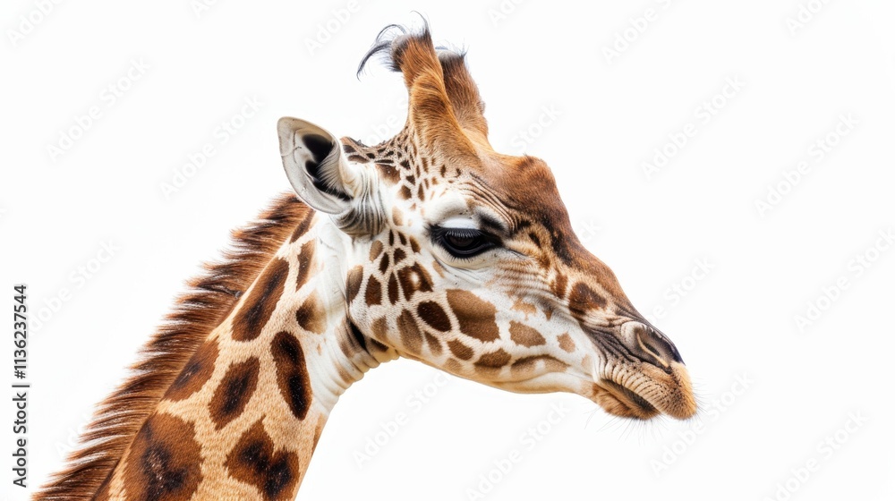 Fototapeta premium Detailed Side Profile of a Giraffe Head Against White Background