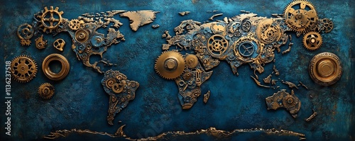 Steampunk world map with a blue metallic theme, intricate gears and cogs, vintageinspired cartographic art, glowing accents