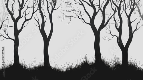 Black and White Forest Shadows: Bare Trees in Dramatic Contrast, Evocative Composition and Lighting, Captivating Nature Photography for Artistic and Commercial Use in Stock Imagery photo