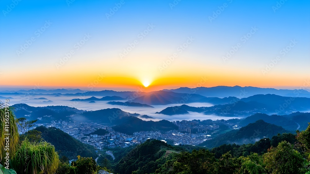 Fototapeta premium Majestic Sunrise Over Mountain Range and Valley, City Below Covered in Mist, Radiant Sky with Golden Orange Glow, Blue Horizon, and Green Hills in a Serene Scenic Landscape View