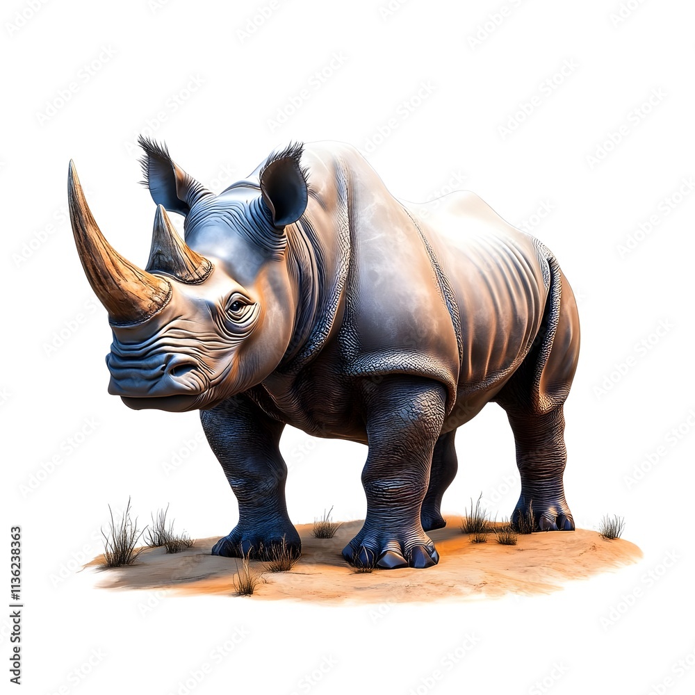 Fototapeta premium Majestic Rhino Illustration with Detailed Horn, Realistic Skin Texture, Standing on a Desert Patch, Highlighted by Soft Lighting and Shadows on a White Background