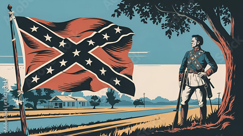 Confederate Memorial Day banner with Confederate flag from the American Civil War and a Confederate soldier, vintage illustration