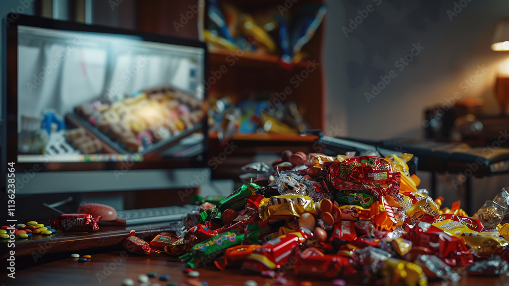 A pile of candy wrappers next to a computer, highlighting the impact of stress eating. A pile of candy wrappers next to a computer, highlighting the impact of stress eating.