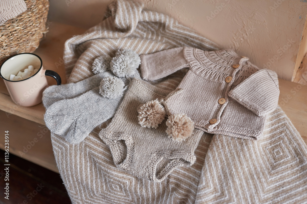 Fototapeta premium Knitted kids clothes, yarn and accessories for knitting. Needlework and knitting. Hobbies and creativity. Knit for children. Handmade. Christmas tree background