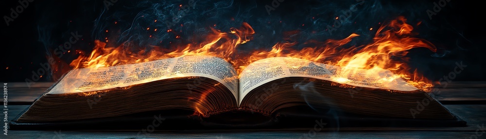 Fototapeta premium An open book burning with fierce flames, resting on a wooden table, illustrating the fiery demise of literature and wisdom