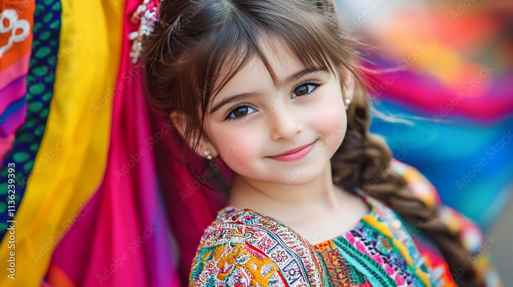 Fototapeta premium Adorable girl with braided hair smiles near colorful fabric.