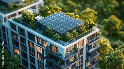 Eco-Friendly Apartment Building with Solar Panels and Green Roof