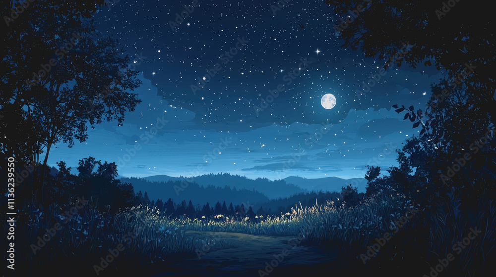 Naklejka premium Enchanting Night Adventure Through a Mysterious Forest Path Illuminated by Moonlight Perfect for Nature Photography, Travel, and Outdoor Activities Promotion