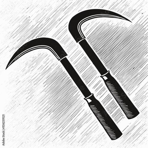 a black and white illustration of two scythe blades