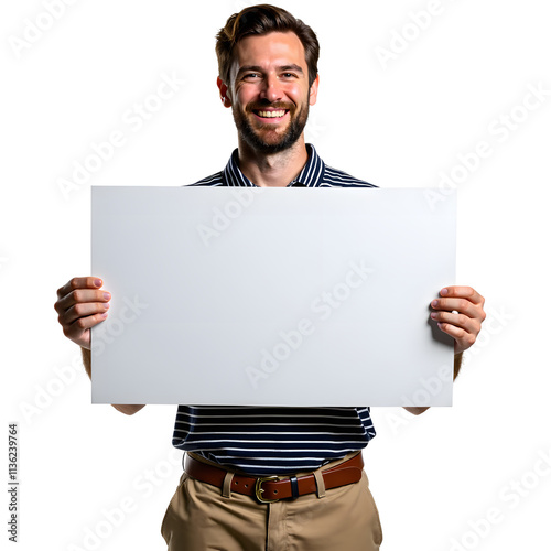Front view mid body shot of a caucasian man holding a blank white placard in a striped polo shirt and chinos isolated on a white transparent background.