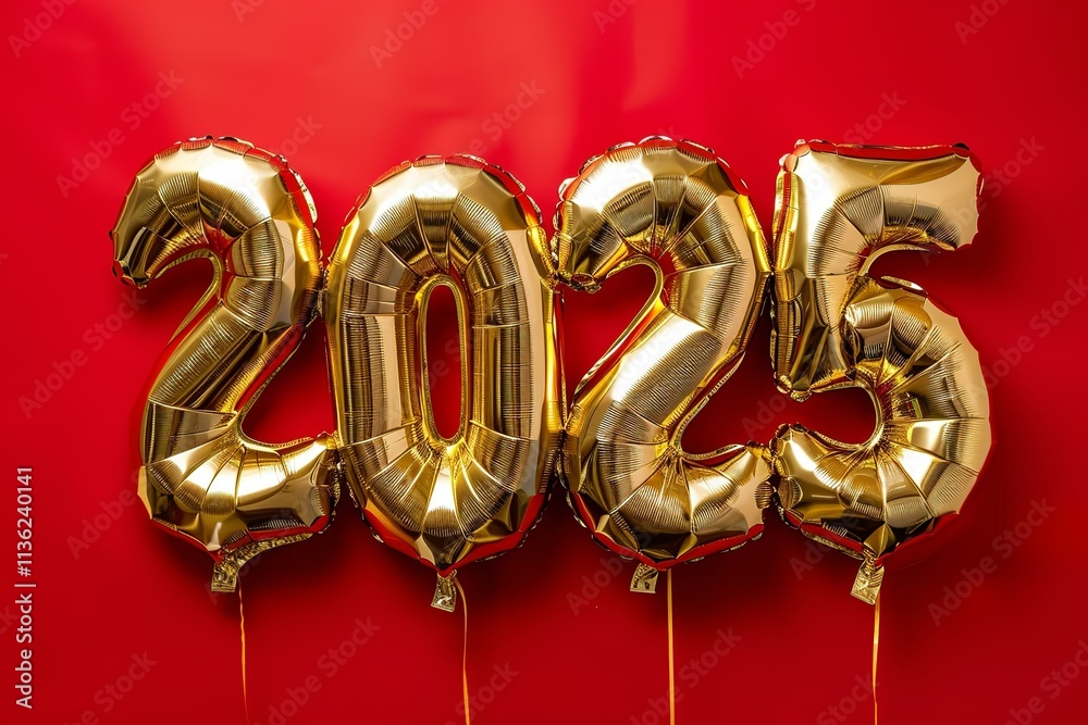 Golden 2025 balloons on red background with glow effect Golden 2025 balloons on red background with glow effect