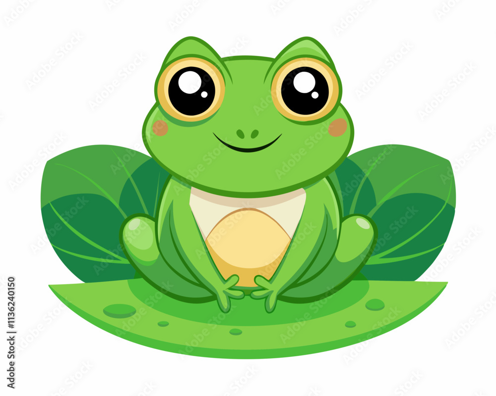 Fototapeta premium Adorable Green Frog Sitting on a Lotus Leaf – Nature-Inspired Cartoon Design.