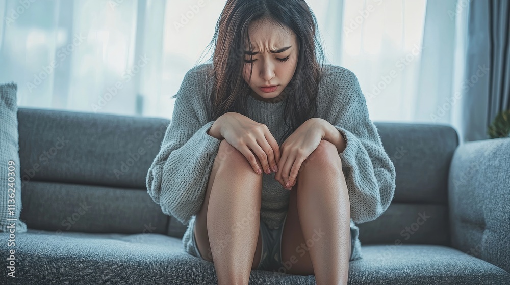Fototapeta premium Woman sitting on couch with knee pain wearing gray sweater
