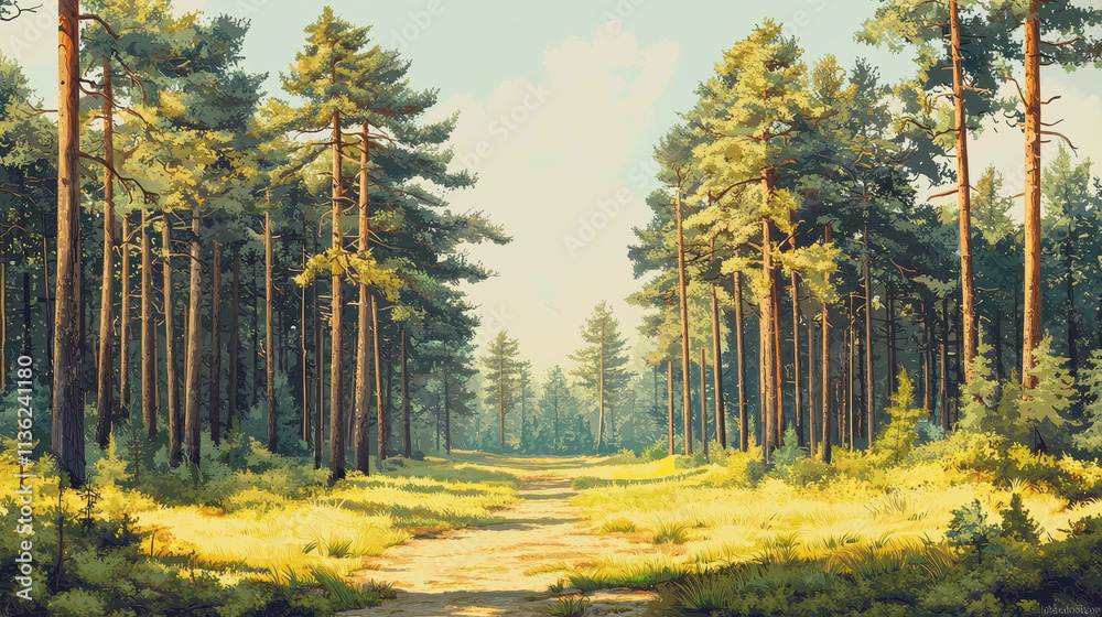Obraz premium Serene Pine Forest Landscape Painting Featuring Dirt Road Surrounded by Lush Greenery and Majestic Trees for Nature Lovers and Outdoor Enthusiasts, Perfect for Home and Office Decor