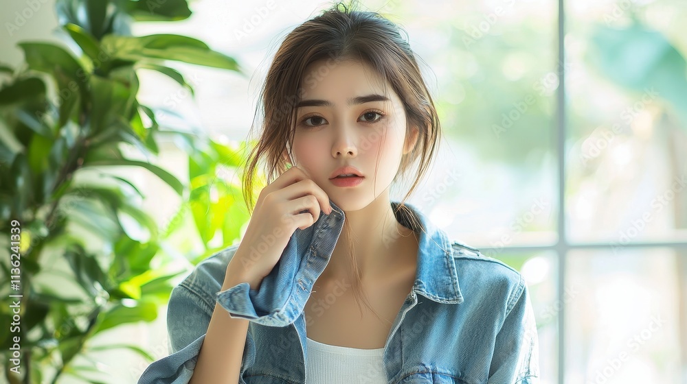 Thoughtful young woman in denim jacket looking out window Thoughtful young woman in denim jacket looking out window