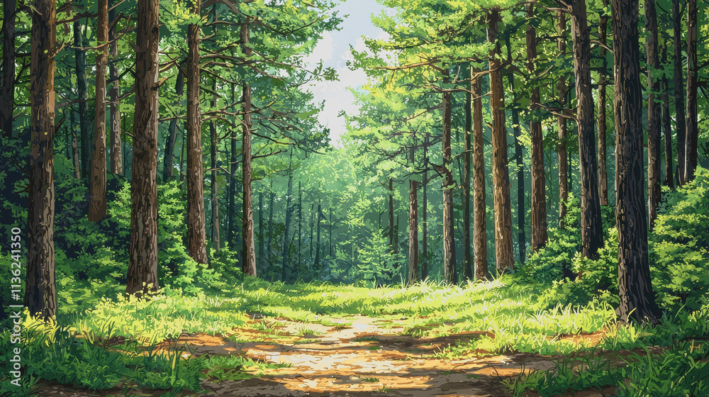 Fototapeta premium Pine-Scented Woods: Serene Forest Path Painting Capturing Tranquility, Natural Beauty, and Vibrant Colors for Relaxation, Meditation, Home Decor, and Art Enthusiasts Seeking Nature Inspiration