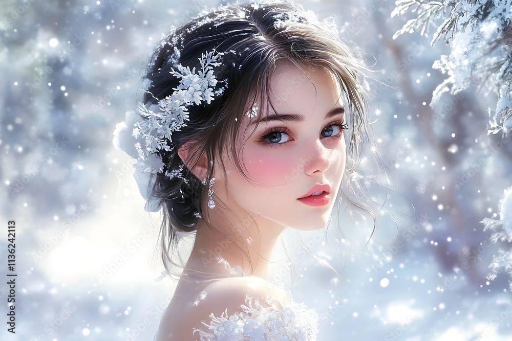Beautiful young woman in wedding dress in snow forest. Bride fashion for winter event. Beautiful young woman in wedding dress in snow forest. Bride fashion for winter event.