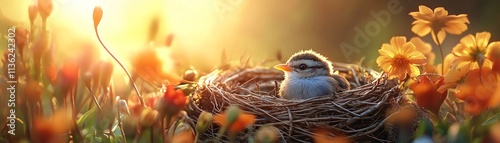 A baby bird curled up in a cozy nest surrounded by vibrant flowers, basking in the soft golden light of a serene sunbeam