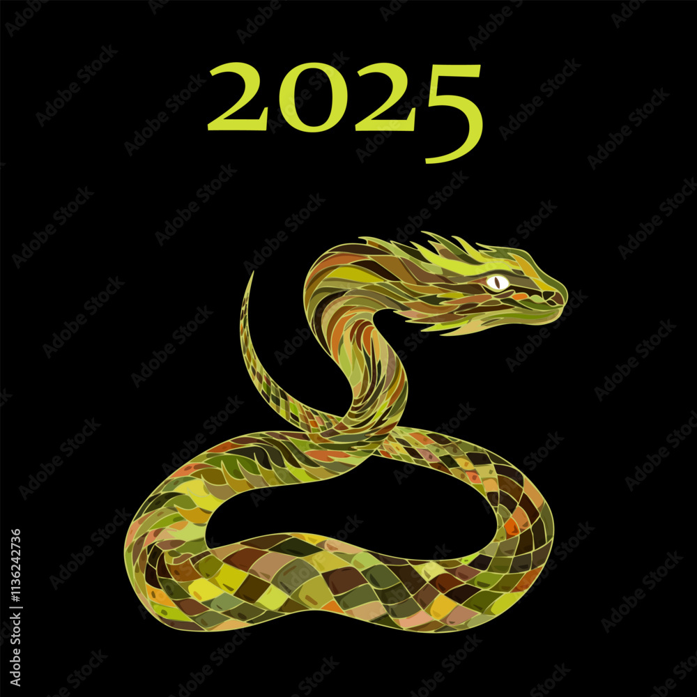 Fototapeta premium New Year poster with colorful snake 2025, Strict card on black background, Vector illustration