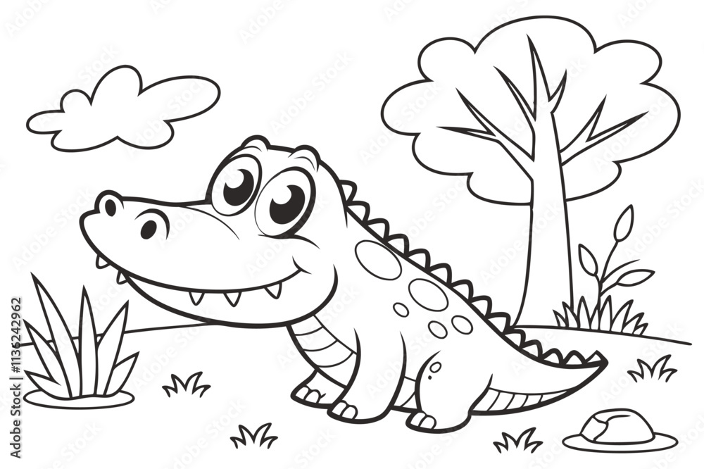 Fototapeta premium cute Crocodile Alligator, some grass and a tree, coloring book on white background
