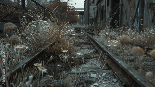 Abandoned Train Line: A photograph of an abandoned train line, overrun with grass and weeds, capturing the decline of rail commerce and rural routes. photo