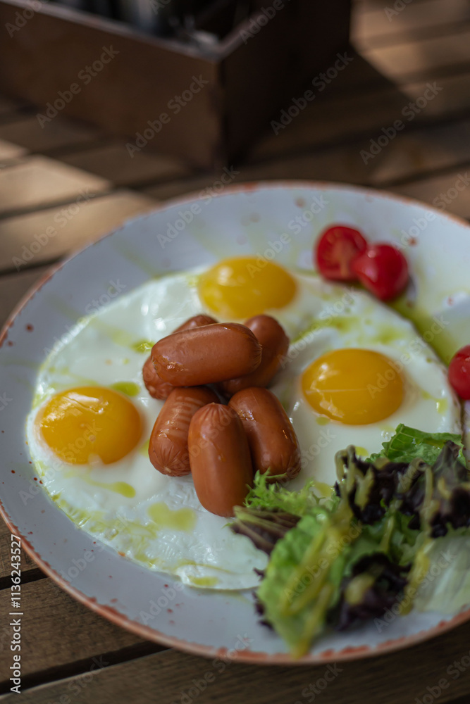 Breakfast scrambled eggs and sausages on the summer terrace Breakfast scrambled eggs and sausages on the summer terrace