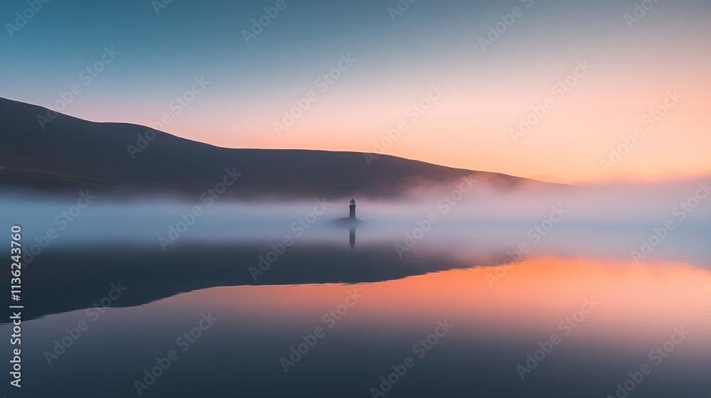 Obraz premium Misty sunrise over calm lake reflecting colorful sky and distant mountains.