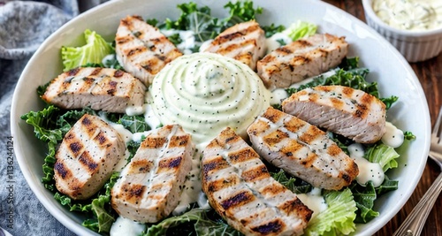 Grilled chicken salad with creamy dressing and fresh greens in a decorative bowl.