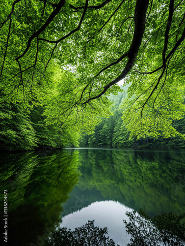 Tranquil forest lake with lush greenery and reflections