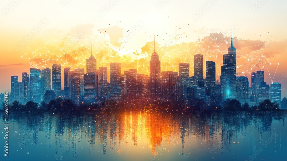 Cityscape at Sunset with World Map Overlay Cityscape at Sunset with World Map Overlay