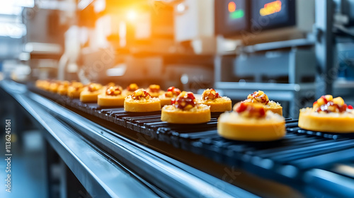 Wallpaper Mural Automated pastry production line with small tarts moving on conveyor belt. Torontodigital.ca