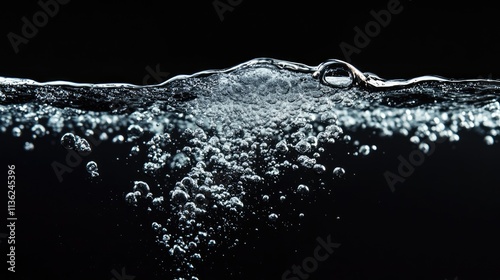 Soda water bubbles splashing underwater against black background. Cola liquid texture that fizzing and floating up to surface like a explosion in under water for refreshing carbonate drink concept. photo