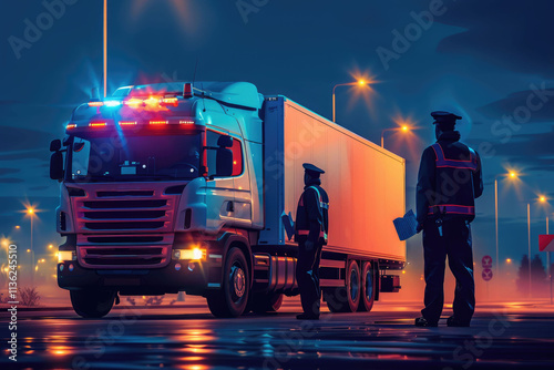 A transport inspection officer checks cargo transportation documents and inspects trucks. Customs point. Inspection.