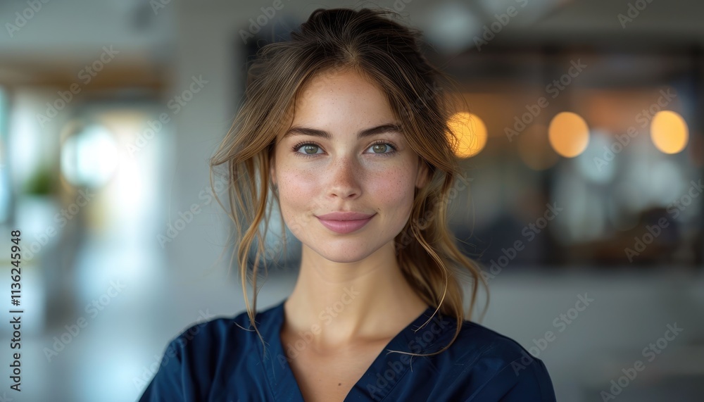 Obraz premium Young Woman with Freckles Smiles in Blue Top
