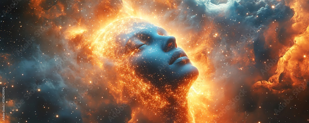 A cosmic nebula with a human face at its center, surrounded by sparkling stars, isolated on a white background, representing the link between humanity and the stars A cosmic nebula with a human face at its center, surrounded by sparkling stars, isolated on a white background, representing the link between humanity and the stars