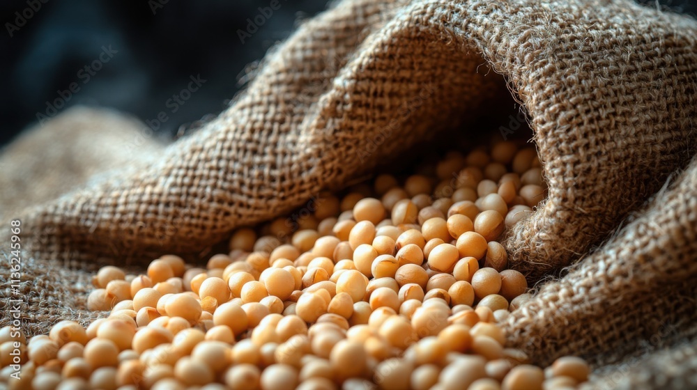 Scattered grains and legumes on neutral burlap texture, highlighting natural materials Scattered grains and legumes on neutral burlap texture, highlighting natural materials