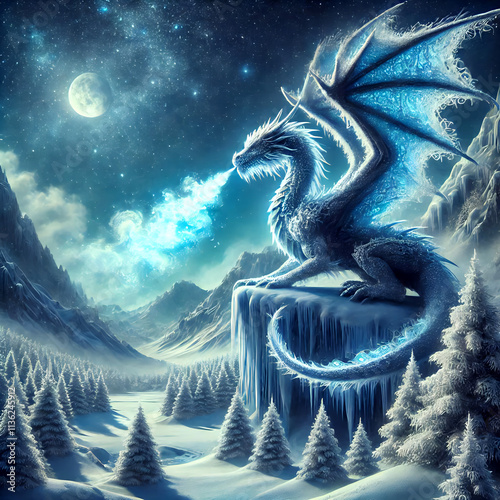 Hyperrealistic 8K Mythical Winter Scene Wallpaper: Majestic Snow Dragon in an Enchanted Frosty Landscape photo