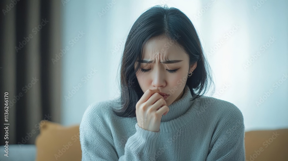 Concerned young woman in gray sweater biting her finger indoors Concerned young woman in gray sweater biting her finger indoors