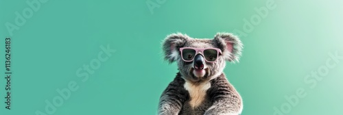 A koala wearing sunglasses and a pink nose