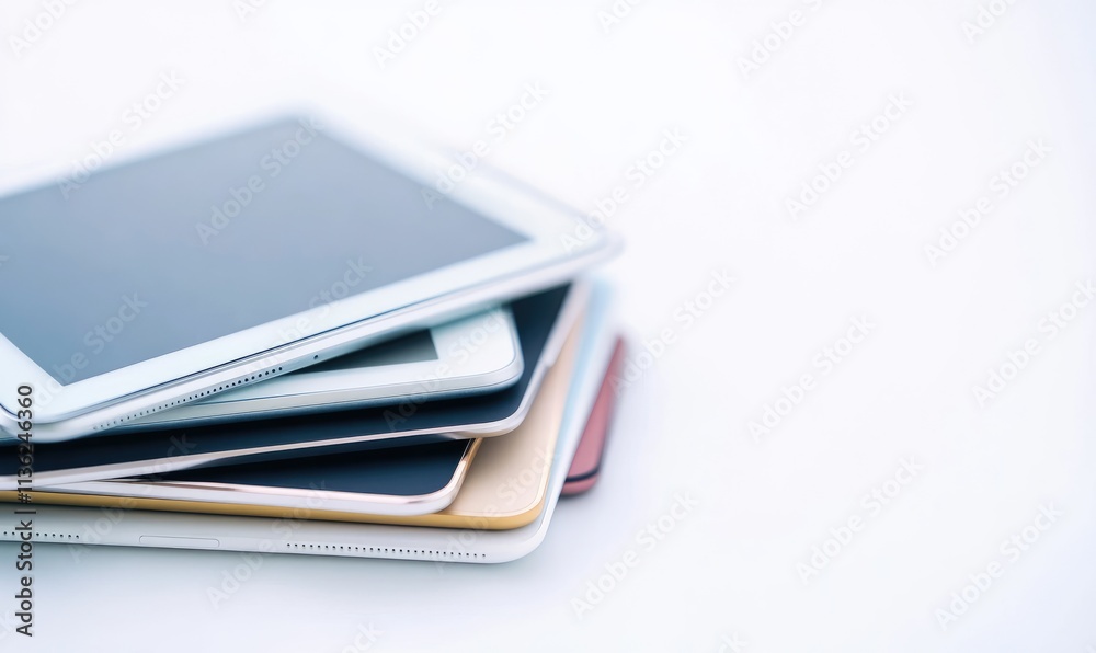 A stack of tablets, including a white one, are piled on top of each other A stack of tablets, including a white one, are piled on top of each other