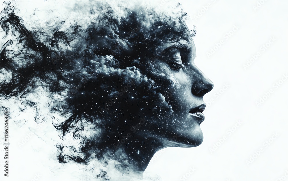 A human face emerging from a starry nebula, with cosmic clouds swirling around, isolated against a clean white background, symbolizing the infinite connection between man and space A human face emerging from a starry nebula, with cosmic clouds swirling around, isolated against a clean white background, symbolizing the infinite connection between man and space