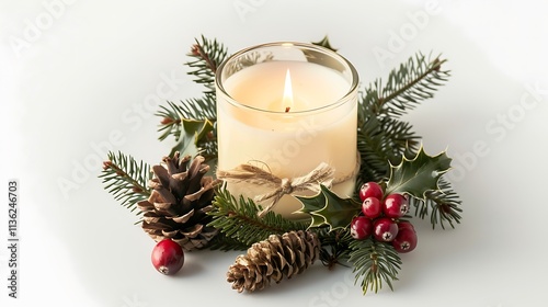 A glowing Christmas candle adorned with natural decorations, including rustic pinecones, greenery, and cranberries, beautifully isolated on a white background.