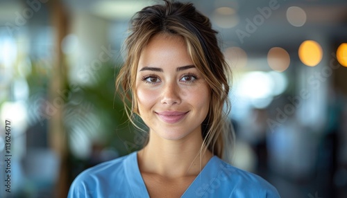 A young woman with a pleasant smile wearing a blue scrub top