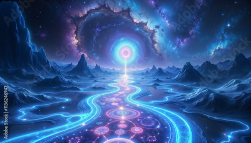 Cosmic pathway leading towards a glowing bright light and shining portal with sacred symbols, leading to the realms of gods. The path is made of glowing plasma and energy